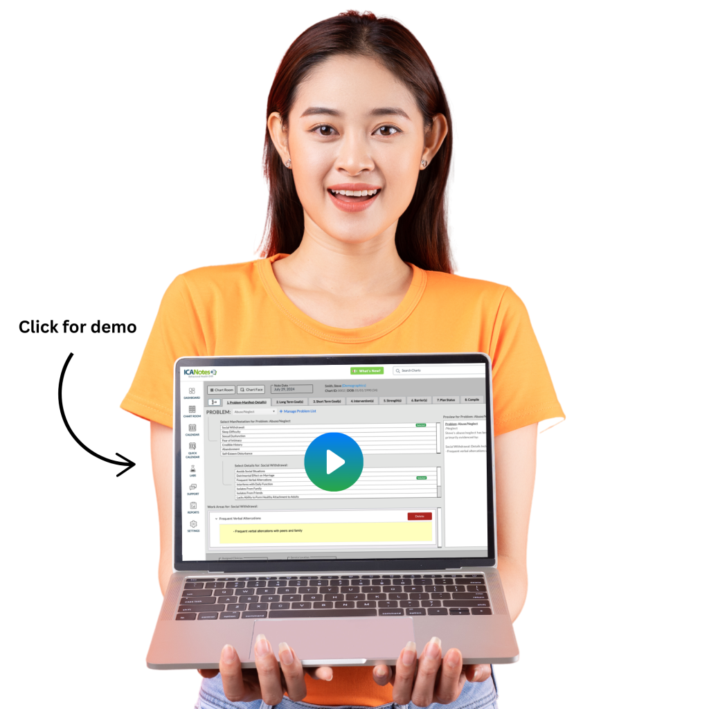 therapist holding computer displaying the icanotes treatment planner
